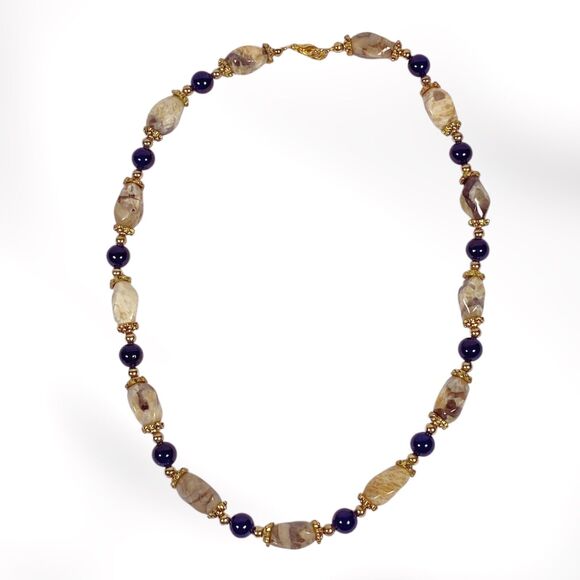Handmade Beaded Necklace Beige Agate Stone Gold Tone Blue Beads Artisan Jewelry - Picture 2 of 8